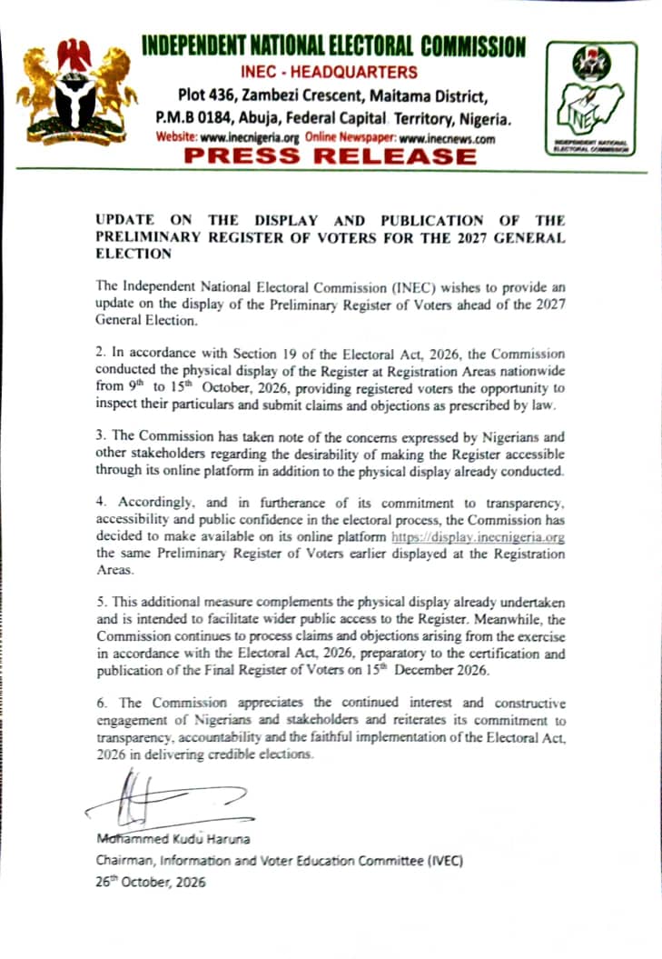 UPDATE ON THE DISPLAY AND PUBLICATION OF THE PRELIMINARY REGISTER OF VOTERS FOR THE 2027 GENERAL ELECTION