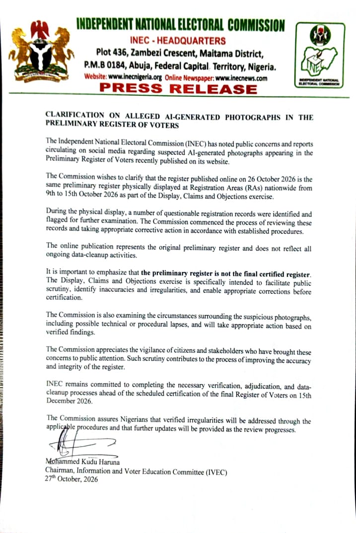 CLARIFICATION ON ALLEGED AI-GENERATED PHOTOGRAPHS IN THE PRELIMINARY REGISTER OF VOTERS