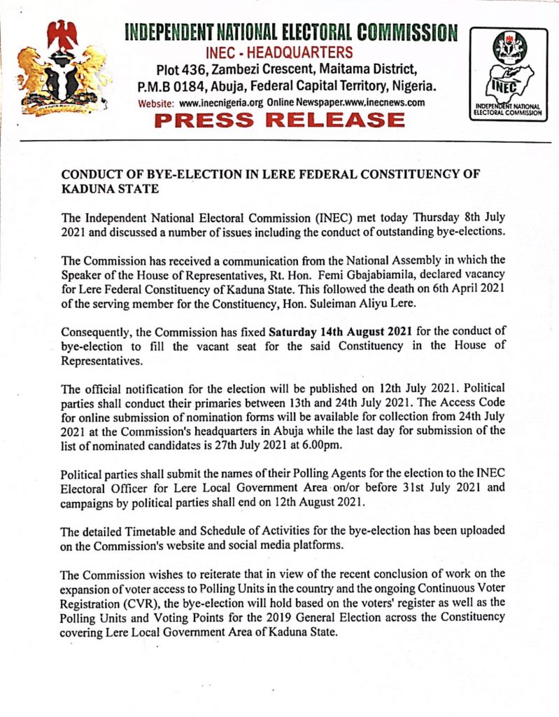 Conduct Of Bye Election In Lere Federal Constituency Of Kaduna State Inec Nigeria