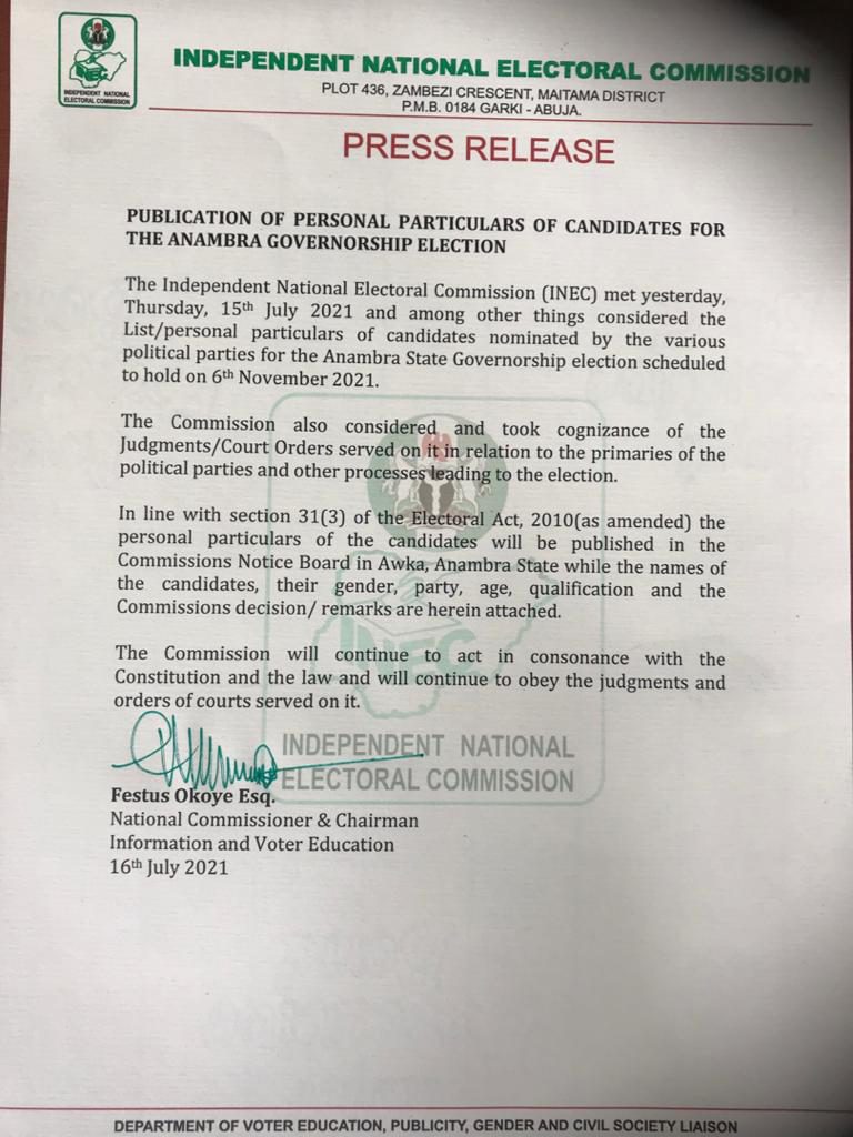 List Of Candidates For Anambra State Governorship Election Scheduled For 6th November 2021 Inec Nigeria