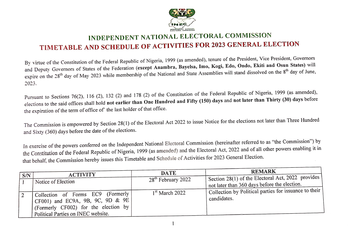Election Calendar 2023 Timetable And Schedule Of Activities For 2023 General Election – Inec  Nigeria