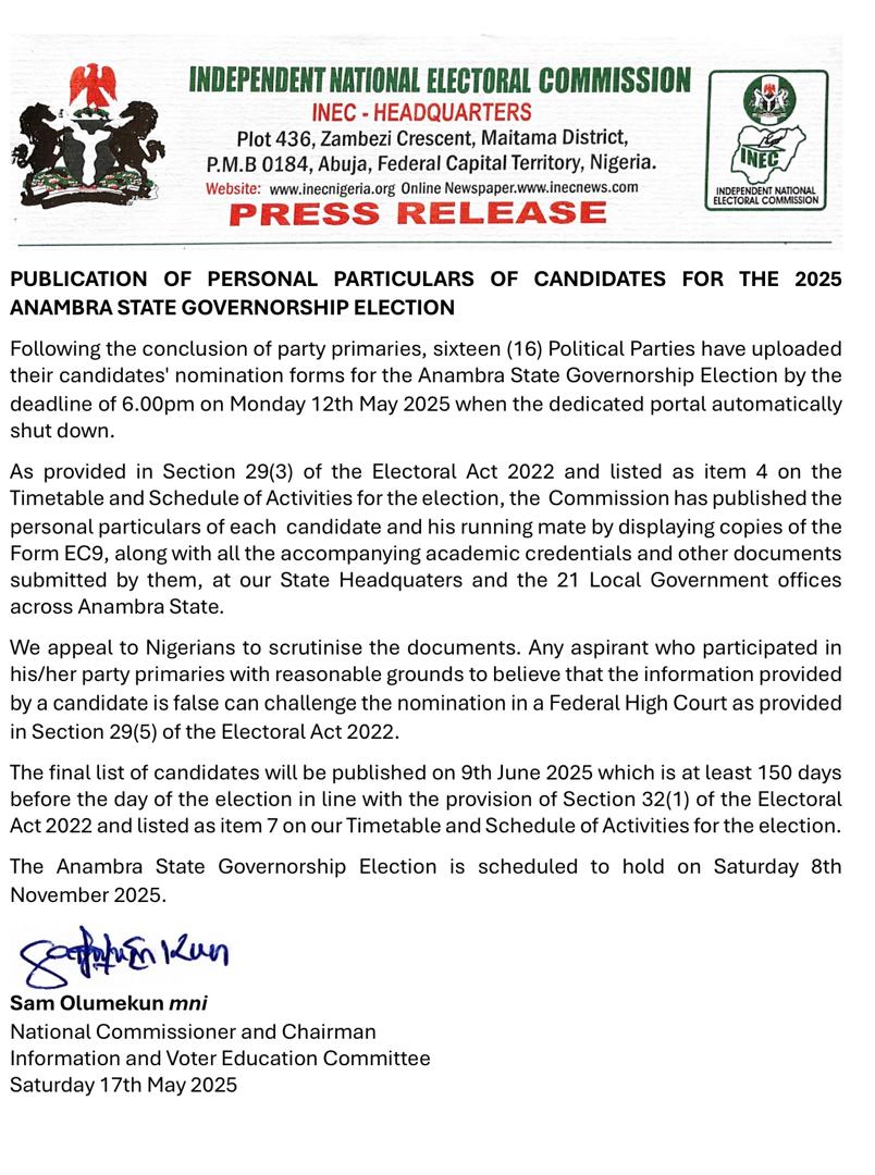 PUBLICATION OF PERSONAL PARTICULARS UOF CANDIDATES FOR THE 2025 ANAMBRA STATE GOVERNORSHIP ELECTION